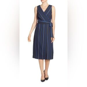 TAHARI Striped Sleeveless Midi Faux Wrap Dress